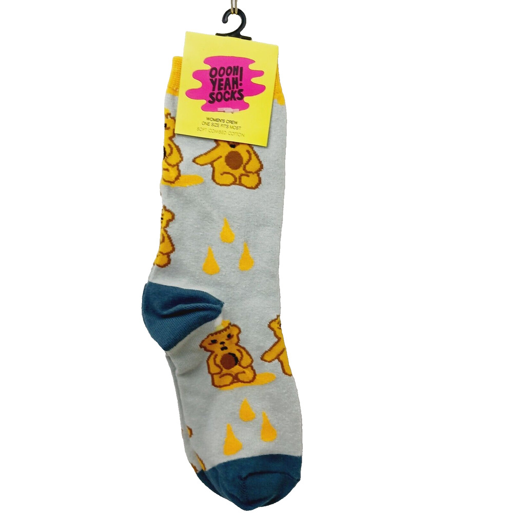 Women Boy Sock OOOH YEAH! Honey Bear Jar Bottle Bee Cotton Squeeze Blue NWT NEW